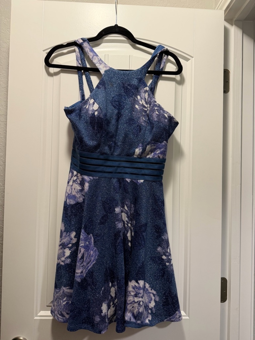 Oly Studios Shimmery Blue Floral Evening Dress